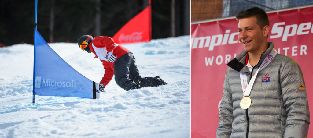 Chris Perdue pictured snowboarding and with a gold medal from Special Olympics World Winter Games.