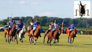 A group of polo players from the Hickory Hall Polo Club moving across the field.