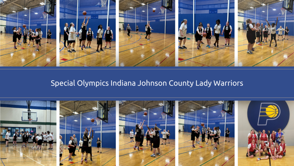 A picture of the Special Olympics of Indiana Johnson County Lady Warriors playing a basketball game. 