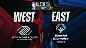 The image is a promotional graphic for the NBA All-Star 2024 event, which will take place in Indianapolis. The graphic features a dark background with red and blue geometric patterns. On the left side, labeled "WEST," is the logo for the Boys & Girls Clubs of Indianapolis. On the right side, labeled "EAST," is the logo for Special Olympics Indiana. The NBA All-Star 2024 logo is at the top center, with the word "INDY" and a star in the background.